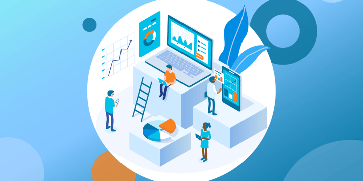 drawing of small figures interacting with a large laptop and tablet and various graphs