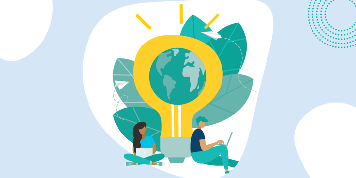 drawing of two people sitting working on laptops in front of a large lightbulb with an image of the earth in it