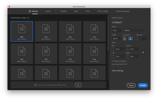 Illustrator window where you set dimensions and so on