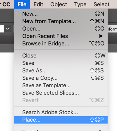 File menu in Illustrator with Place chosen