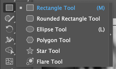 menu of available Illustrator shapes displayed by the icon in the Tools panel