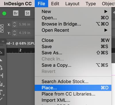 File menu in InDesign with Place chosen