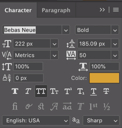 Character tab in Photoshop with various type characteristics chosen