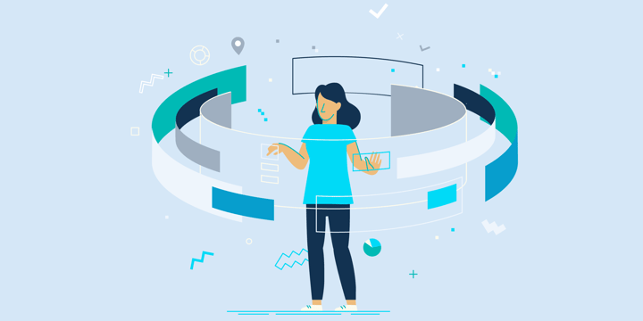 drawing of a woman in the center of several translucent rings, one of which is enabling her to view data charts