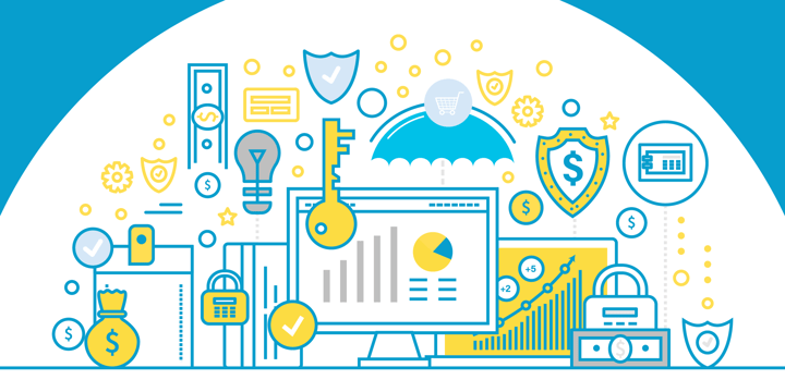 drawing of a computer screen surrounded by symbols of money and security, such as dollar signs and locks and keys