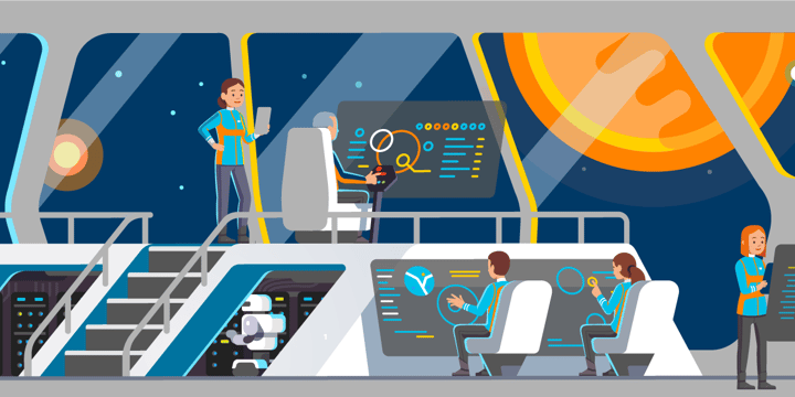 drawing of five starship crew members looking at dashboards