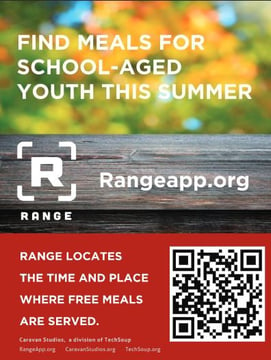 Range poster with QR code and text "find meals for school-aged youth this summer" and "Range locates the time and place where free meals are served"