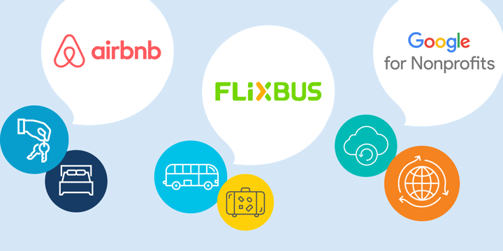 logos of Airbnb, FlixBus, and Google for Nonprofits in speech bubbles, each emanating from a pair of related icons