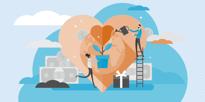 drawing of two people watering a potted plant shaped like a heart, with earth, money, and a heart in the background