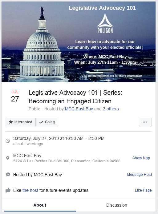 Facebook event about learning how to advocate for a community with elected officials