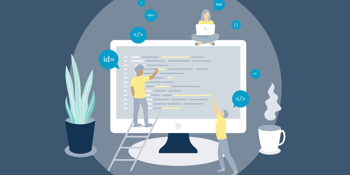 drawing of three small figures adjusting HTML and other code on a large computer screen