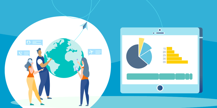 drawing of three people studying a world globe; on the right, a screen of data about it