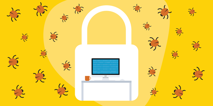 drawing of a computer on a table inside the outline of a padlock, all surrounded by bugs trying to get in