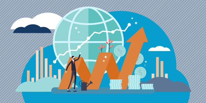 drawing of two upward-trending graphs in front of a globe symbol and some stacks of coins and a man gesturing upward