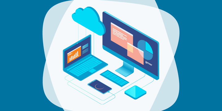 drawing of a laptop, desktop, and smartphone, with cloud connections