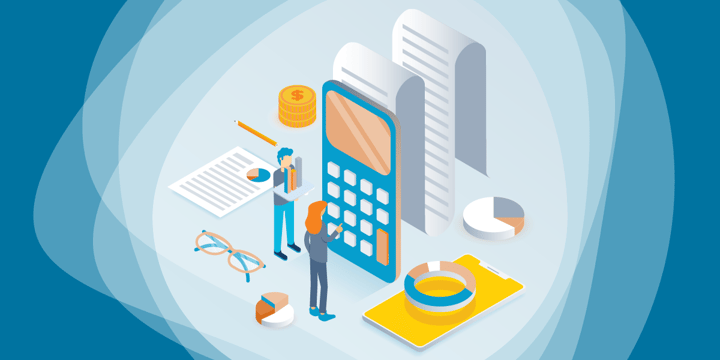 drawing of two small figures standing in front of a calculator and surrounded by various three-dimensional graphs and printouts