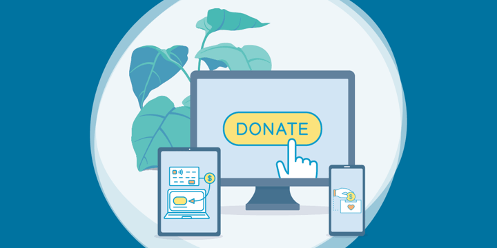 drawing of computer, tablet, and smartphone screens, all showing donations in progress