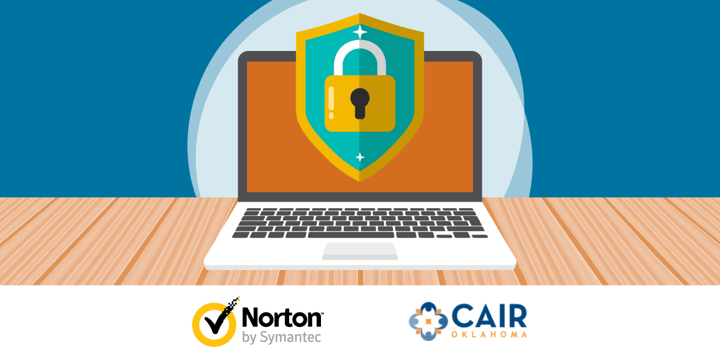 drawing of a laptop with a shield and padlock symbol and Norton and CAIR logos