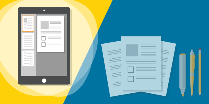 drawing of three documents on a surface next to a tablet that contains the same three