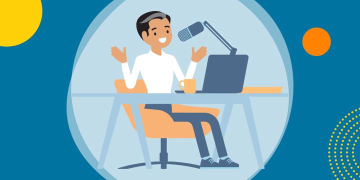 drawing of a podcaster sitting at a table, looking at a laptop, and talking into a microphone