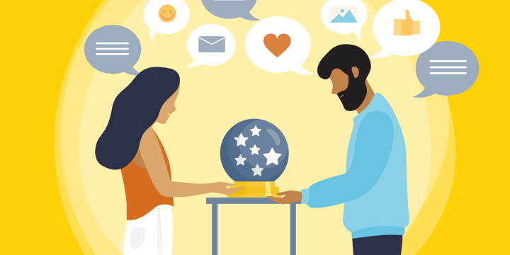 drawing of two nonprofit workers gazing into a starry crystal ball