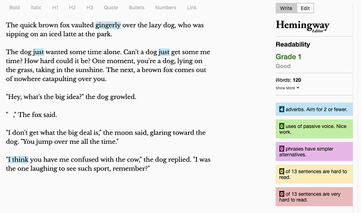 an example of the Hemingway Editor in use: readability is Grade 1; the piece uses too many adverbs