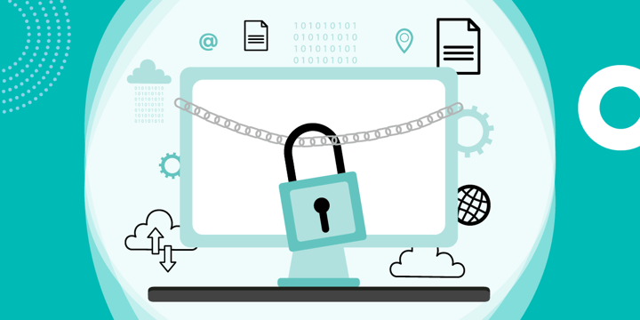 drawing of a computer with a lock and chain on it surrounded by symbols of typical uses