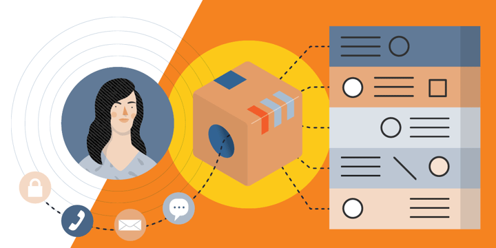 drawing of of a woman's communications data going through a box and coming out encrypted