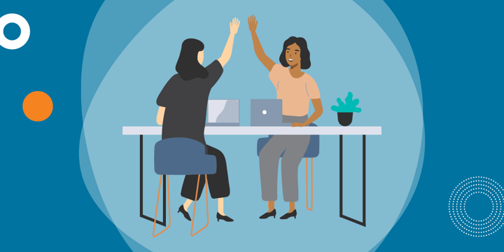 drawing of two women with laptops sitting at a table and high fiving