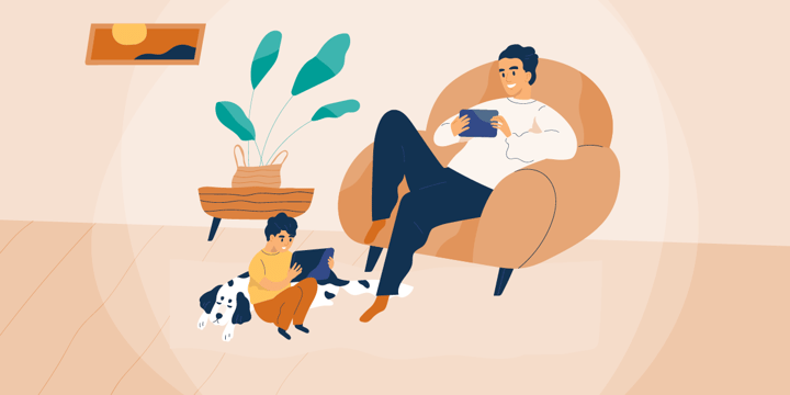 drawing of man in chair and child on floor, both using tablets