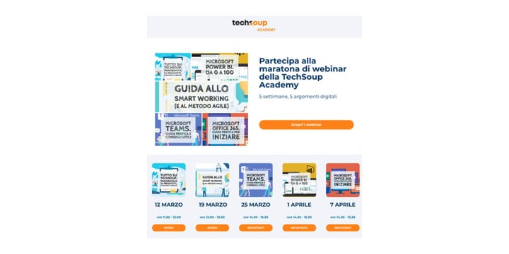 Italian web page showing upcoming webinars