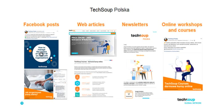 captures of some posts, articles, newsletters and courses from TechSoup Polska