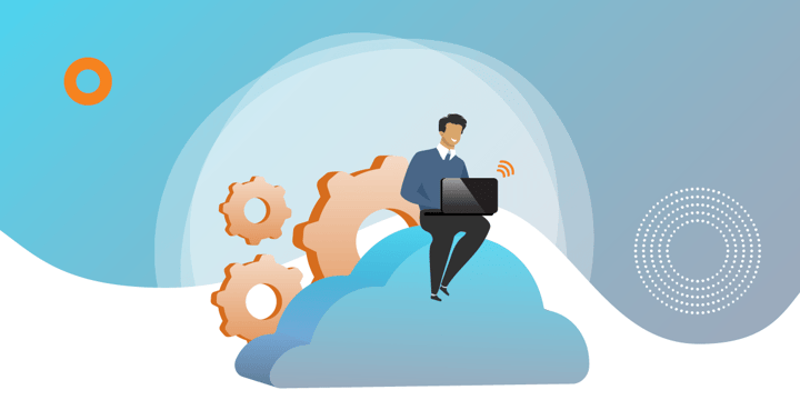 drawing of a man with a laptop sitting on a cloud, with gears in the background