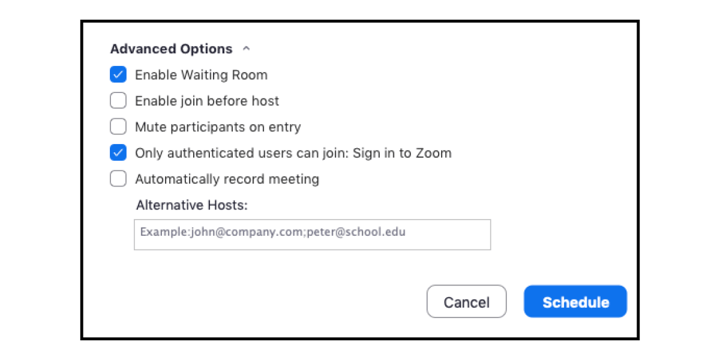 Advanced Options dialog box with two options selected: Enable Waiting Room and Only authenticated users can join