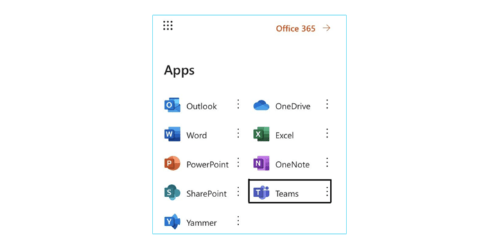 Office 365 apps list with Teams highlighted