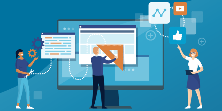 drawing of three small figures in front of a computer screen with various planning and design tools