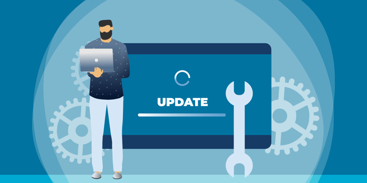 drawing of a man holding a laptop in front of a very large laptop with "update" on the screen and a wrench in front