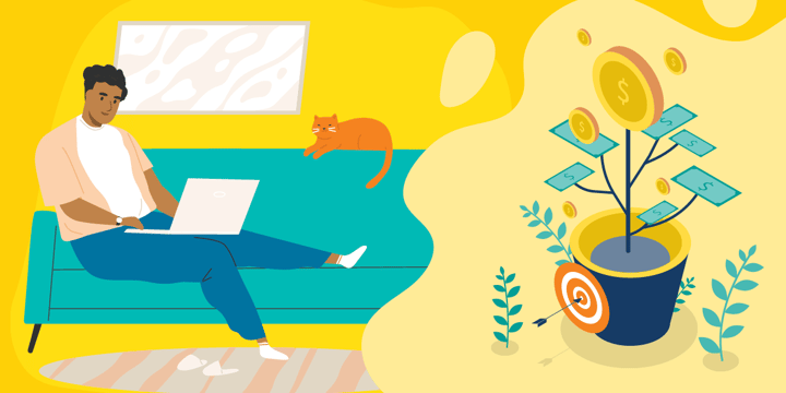 drawing of man on sofa with cat and laptop, with inset of a potted plant with money for leaves 