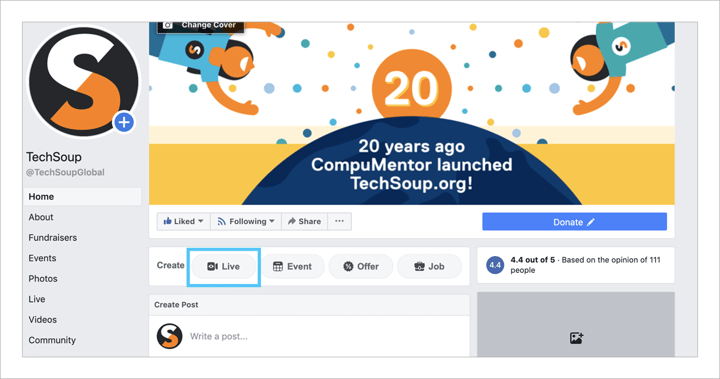 Screen shot of Facebook Live page with the Live button highlighted