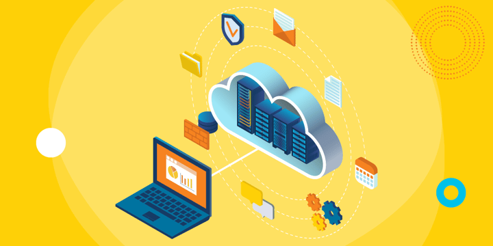 drawing of a computer connected to servers inside a cloud-shaped frame surrounded by productivity symbols