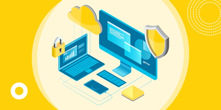 drawing of computer devices with symbols of security and cloud computing