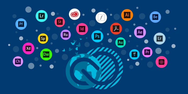 creative cloud symbol on top of the globe and surrounded by symbols of individual Adobe applications