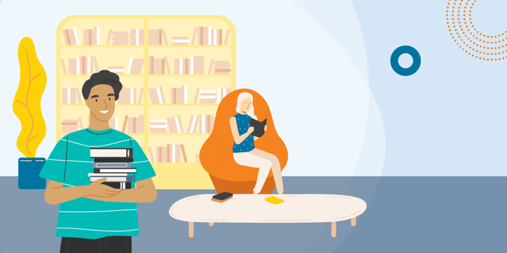 drawing of man with an armful of books and woman reading a book in a comfortable chair in a library