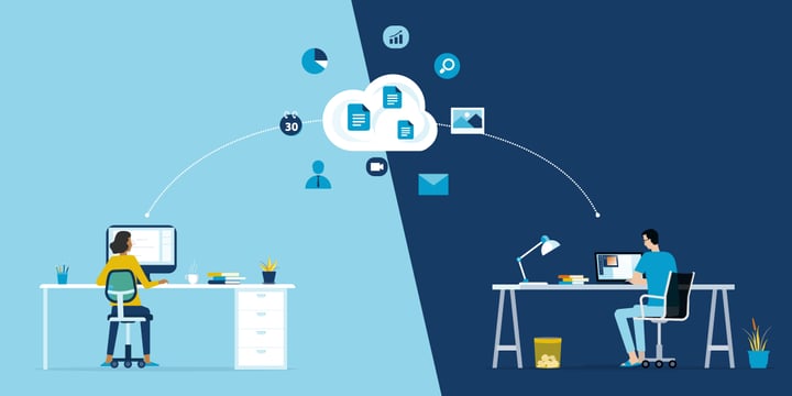 drawing of two people working on computers at different locations connected by a dotted line that goes through a cloud with different software symbols