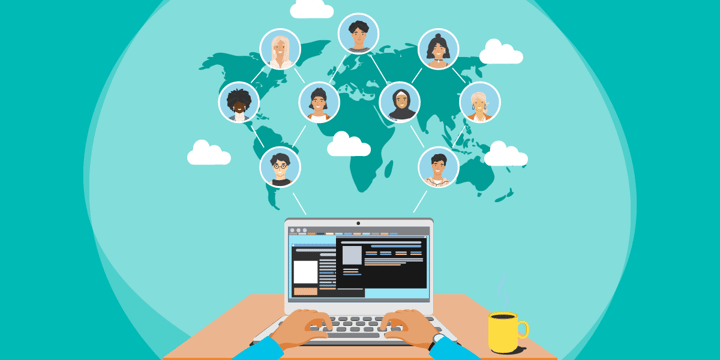 drawing of a laptop user below a network of nine other people in clouds over a world map