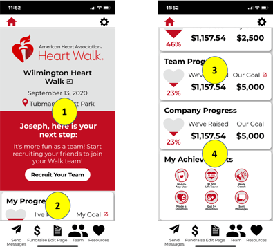 top and bottom screenshots of the Heart Walk app with numbers calling out the four areas described next