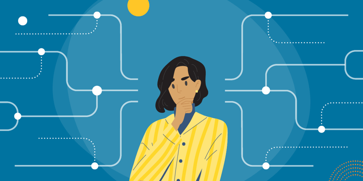 drawing of a pensive woman surrounded by lines and nodes