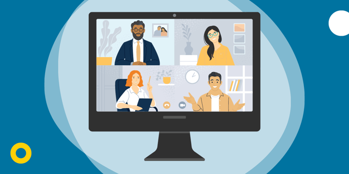 drawing of a computer screen showing four people in a video conference