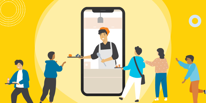 drawing of a woman on a smartphone screen handing trays of food to children outside the screen