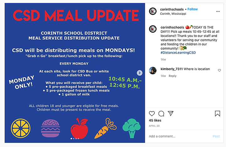 Instagram post showing a poster of times to pick up meals for children in the Corinth School District